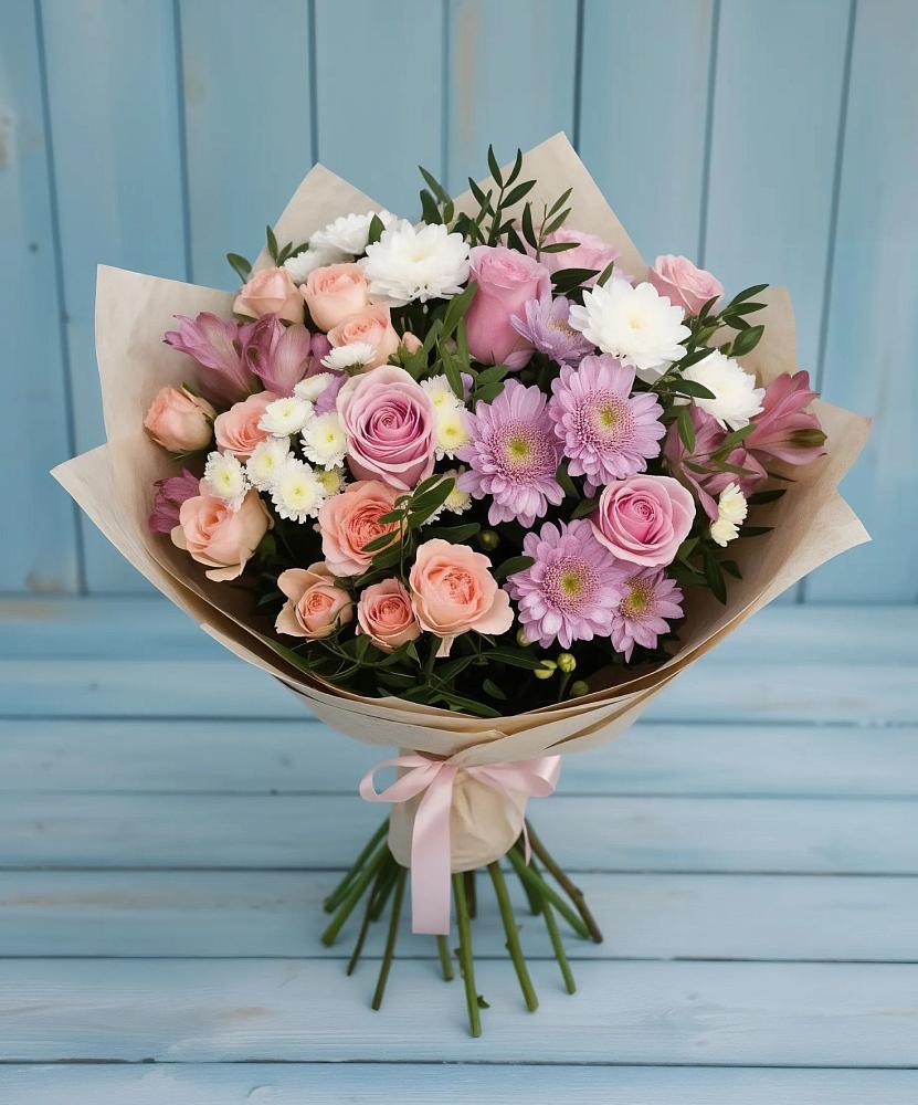 Букет цветов из: Хризантемы, Розы и Альстромерии в Лазарево