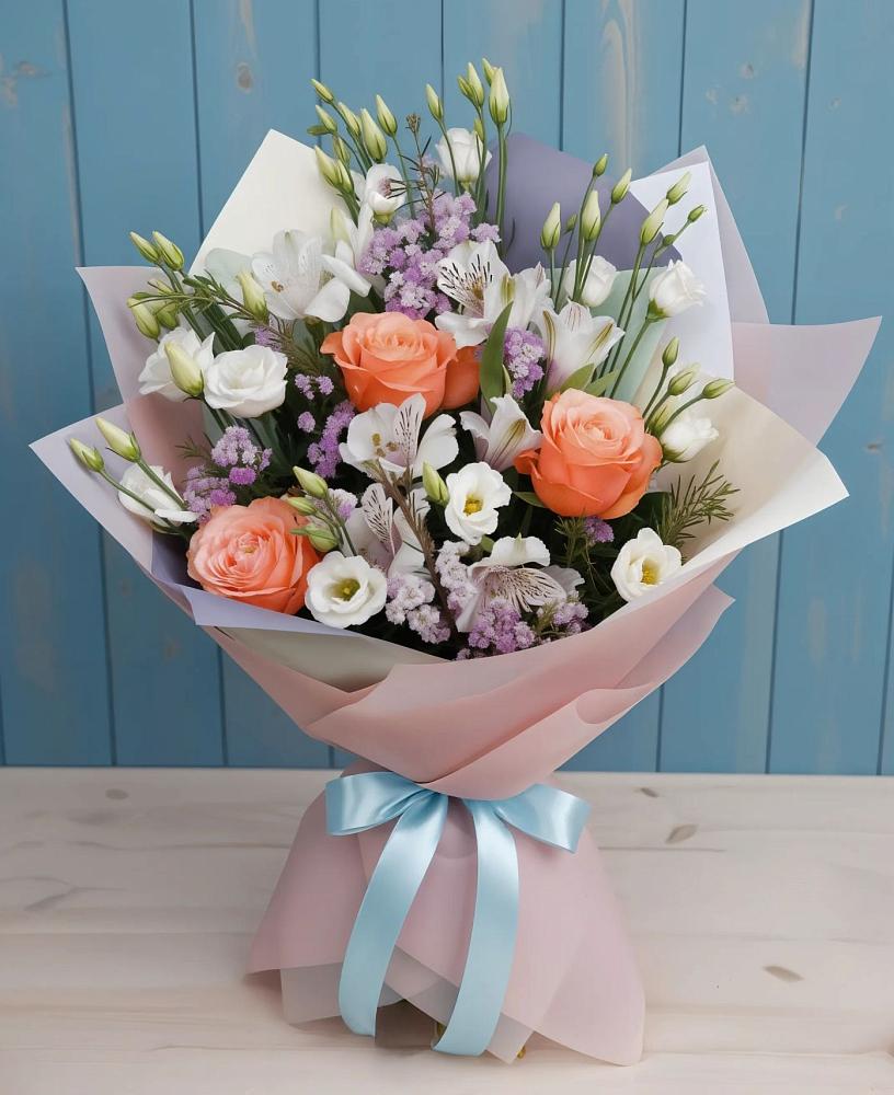 Букет цветов из: Лизиантусы, Розы, Альстромерии и Гипсофила в Лазарево