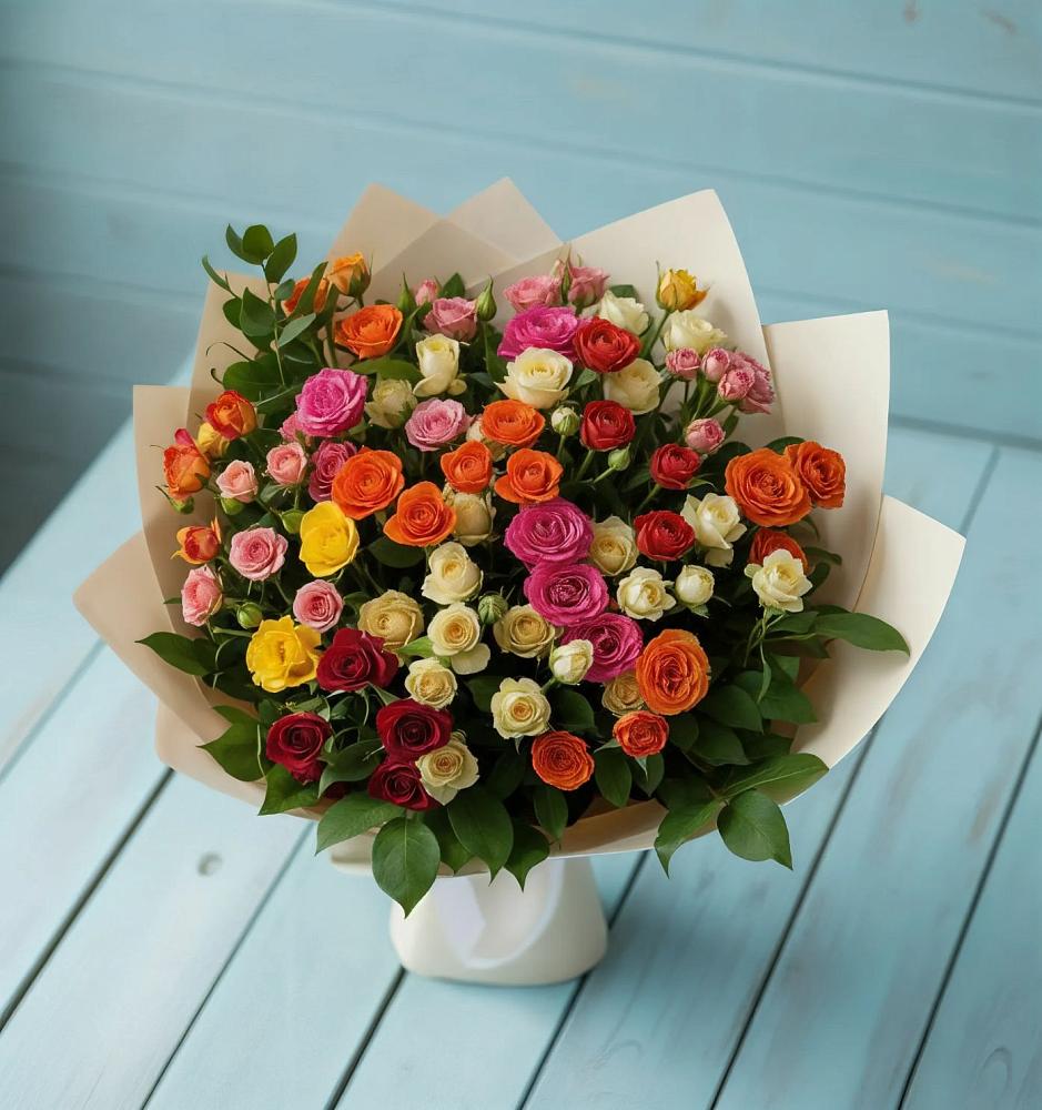 Букет Микс из разноцветных кустовых роз в Лазарево