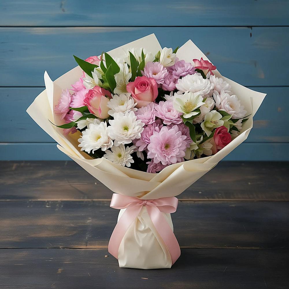 Букет цветов из: Хризантемы, Альстромерии и Розы в Лазарево